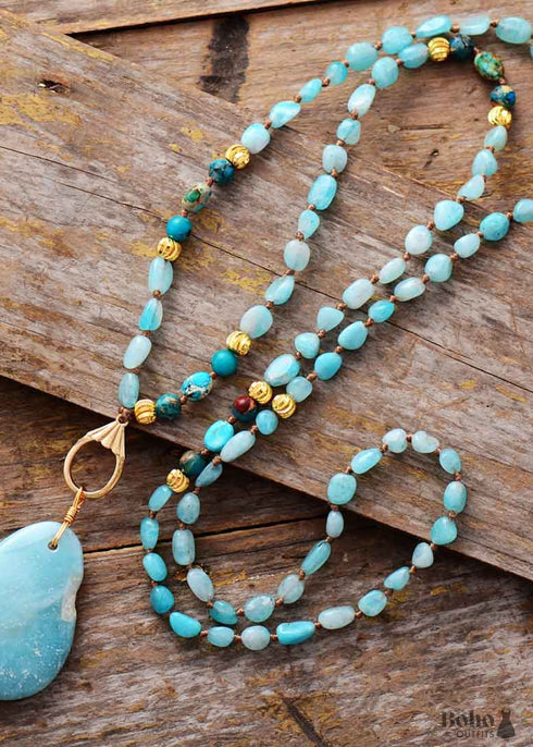 Boho Necklace, Seed Beads Blue Amazonite